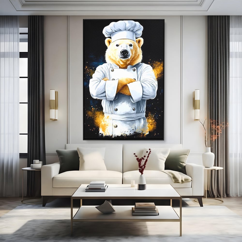 Tablou canvas cu ilustratie urs polar bucatar, in rama de aluminiu negru, pe perete intr-un living